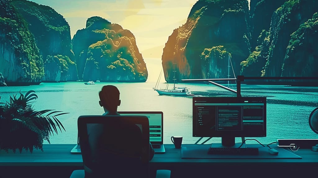 mężczyzna pracujący przed komputerem z widokiem na morze
